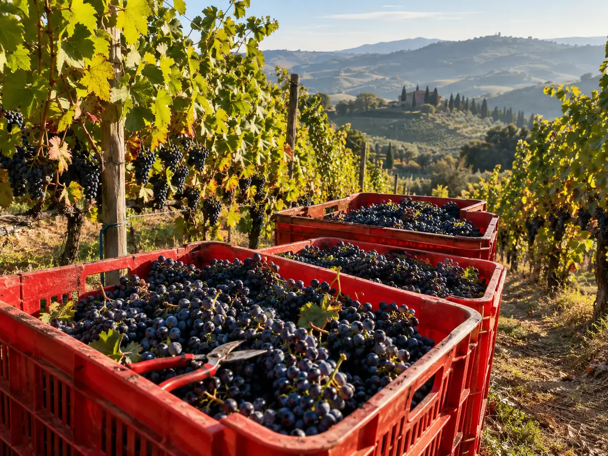 Red crates full of dark Sangiovese grapes between vineyard rows at harvest time