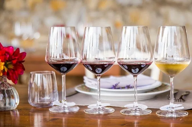 Four glasses of red and white wine lined up on a tasting table
